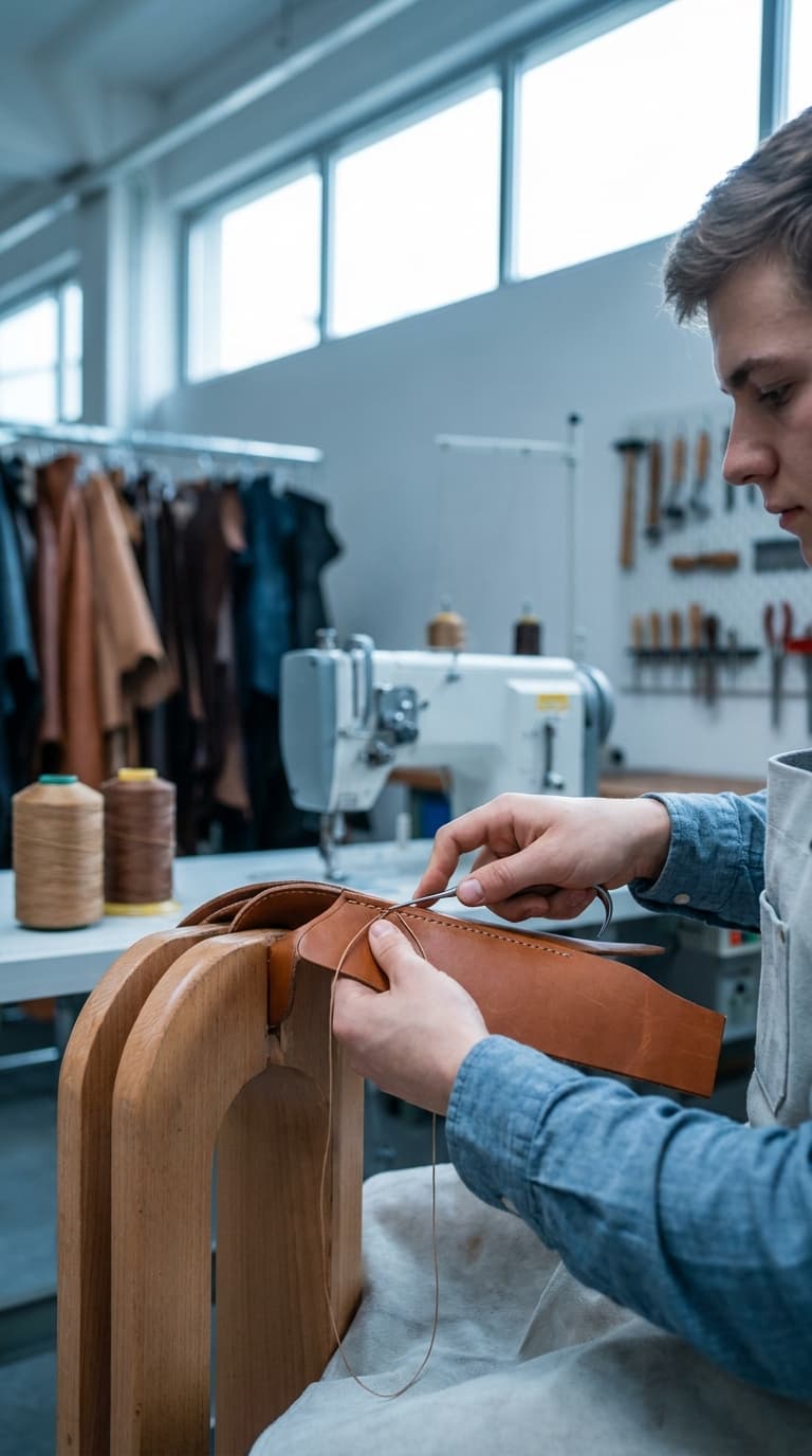 Ein Handwerker näht in einer Werkstatt ein braunes Lederstück von Hand an einem hölzernen Nähkloben.