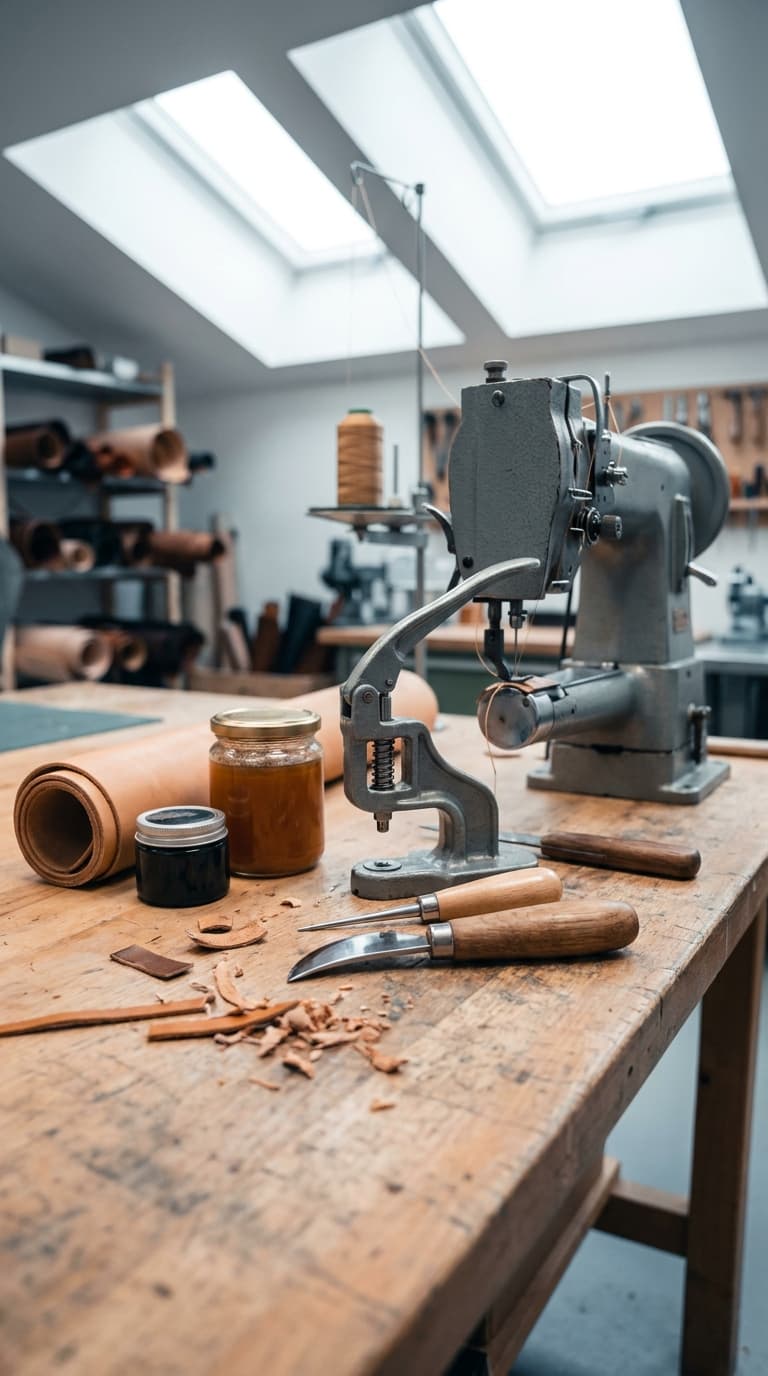 Ledernähmaschine, Handpresse und Lederwerkzeuge auf einer Holzwerkbank in einer hellen Lederwerkstatt.
