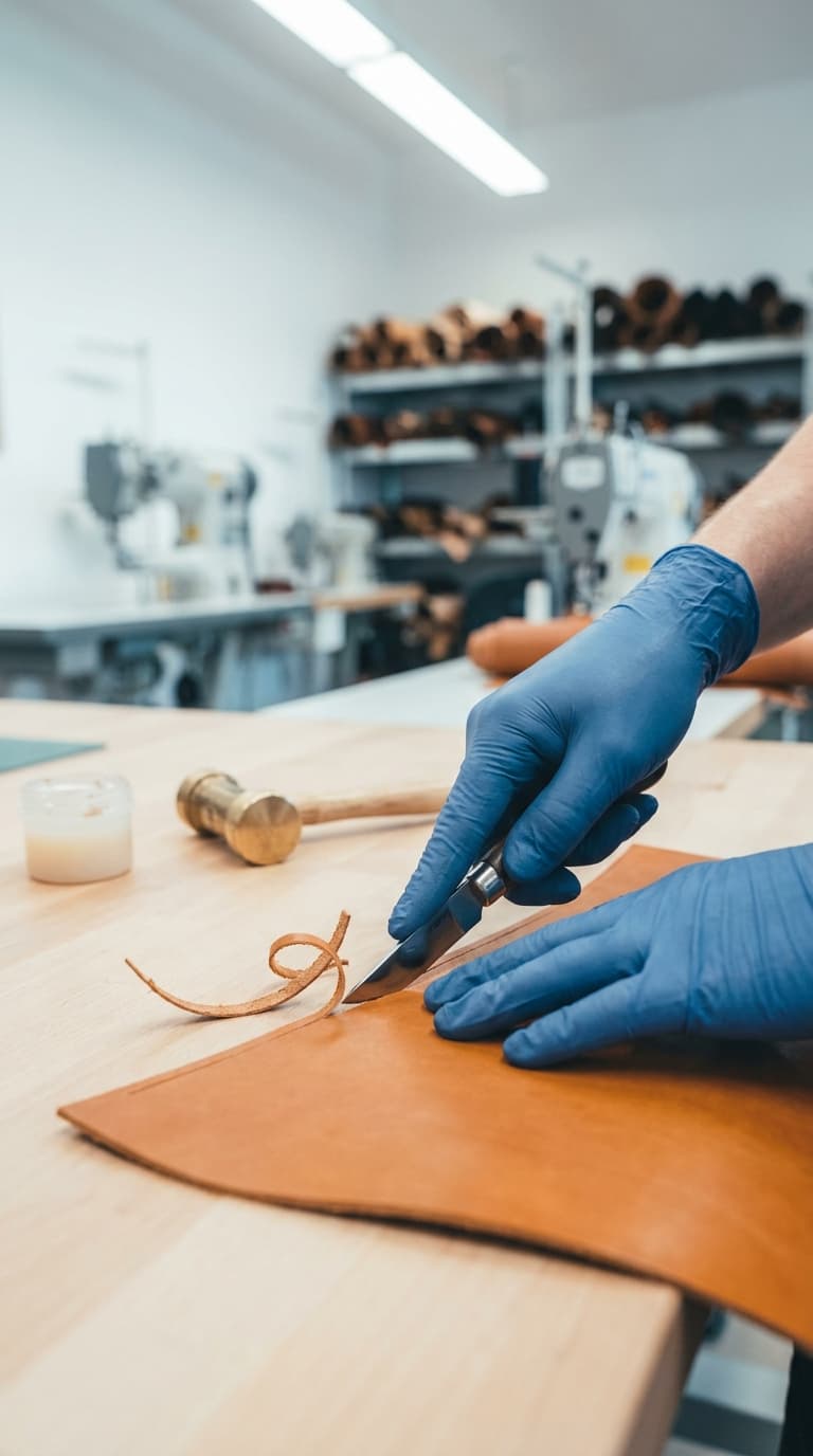 Sattler schneidet mit einem Messer die Kante eines braunen Lederstücks auf einer Holzwerkbank zu.