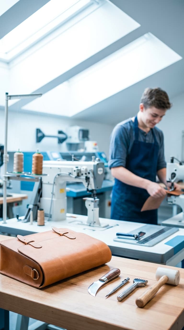 Ein Lederhandwerker arbeitet in einer hellen Werkstatt, im Vordergrund liegen eine Ledertasche und Spezialwerkzeuge.
