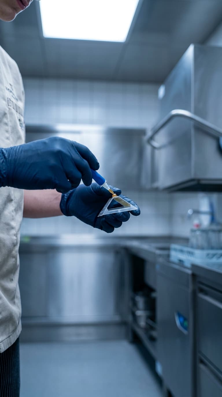Eine Person in Kochkleidung gibt in einer Edelstahlküche eine Probe auf ein Refraktometer.
