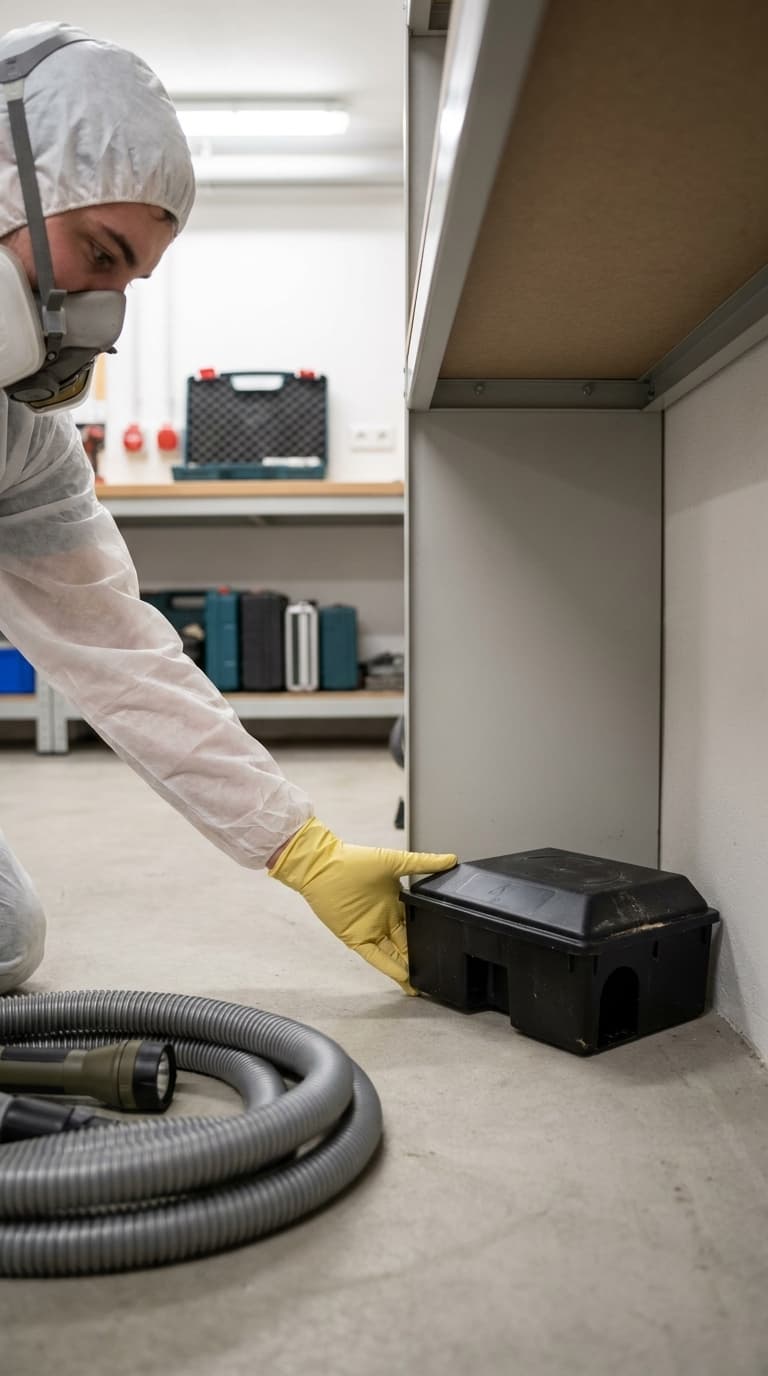 Ein Schädlingsbekämpfer in Schutzkleidung platziert eine Köderbox auf dem Werkstattboden.
