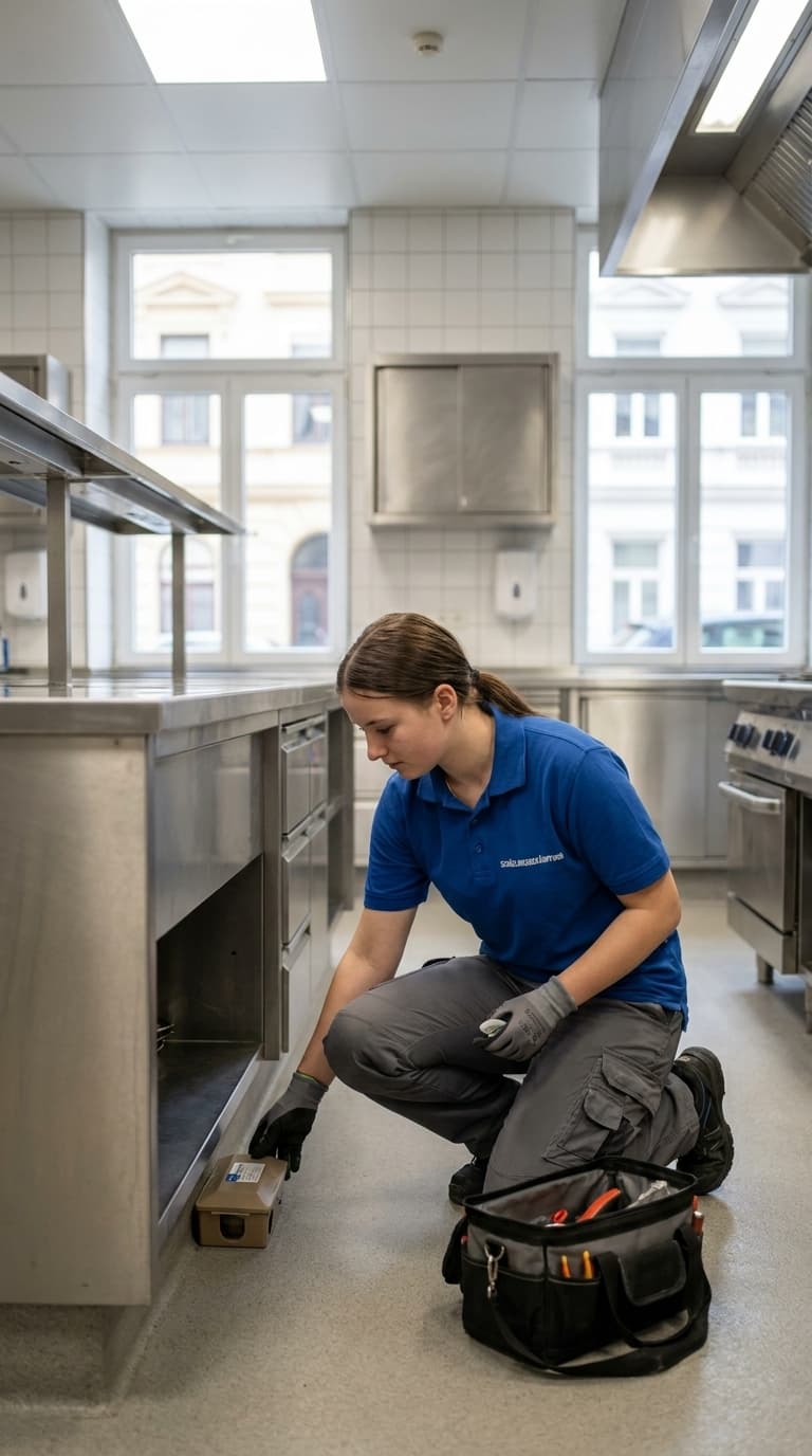 Eine Schädlingsbekämpferin platziert kniend eine Köderbox unter einem Arbeitstisch in einer Großküche.
