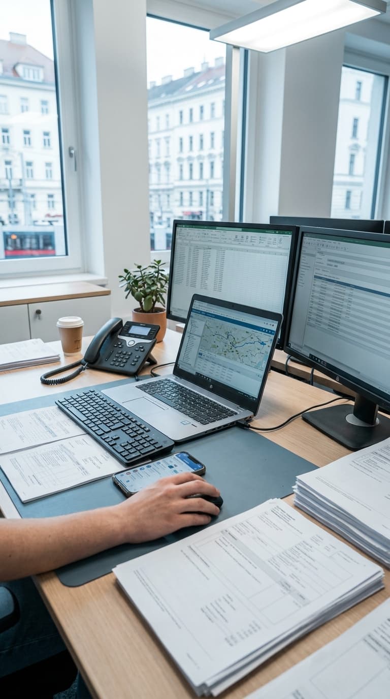 Eine Hand bedient eine Computermaus an einem Büroarbeitsplatz mit Laptop, zwei Monitoren und Dokumenten.