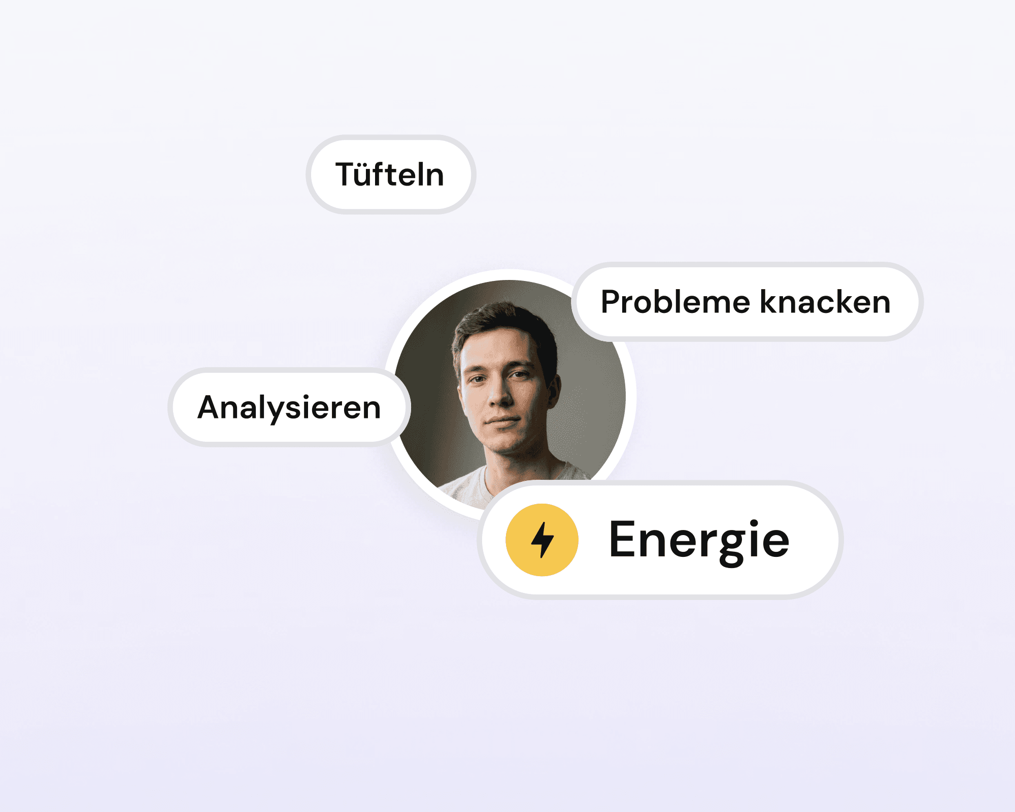 Porträt eines jungen Mannes, umgeben von Textfeldern mit „Tüfteln“, „Probleme knacken“, „Analysieren“ und „Energie“.