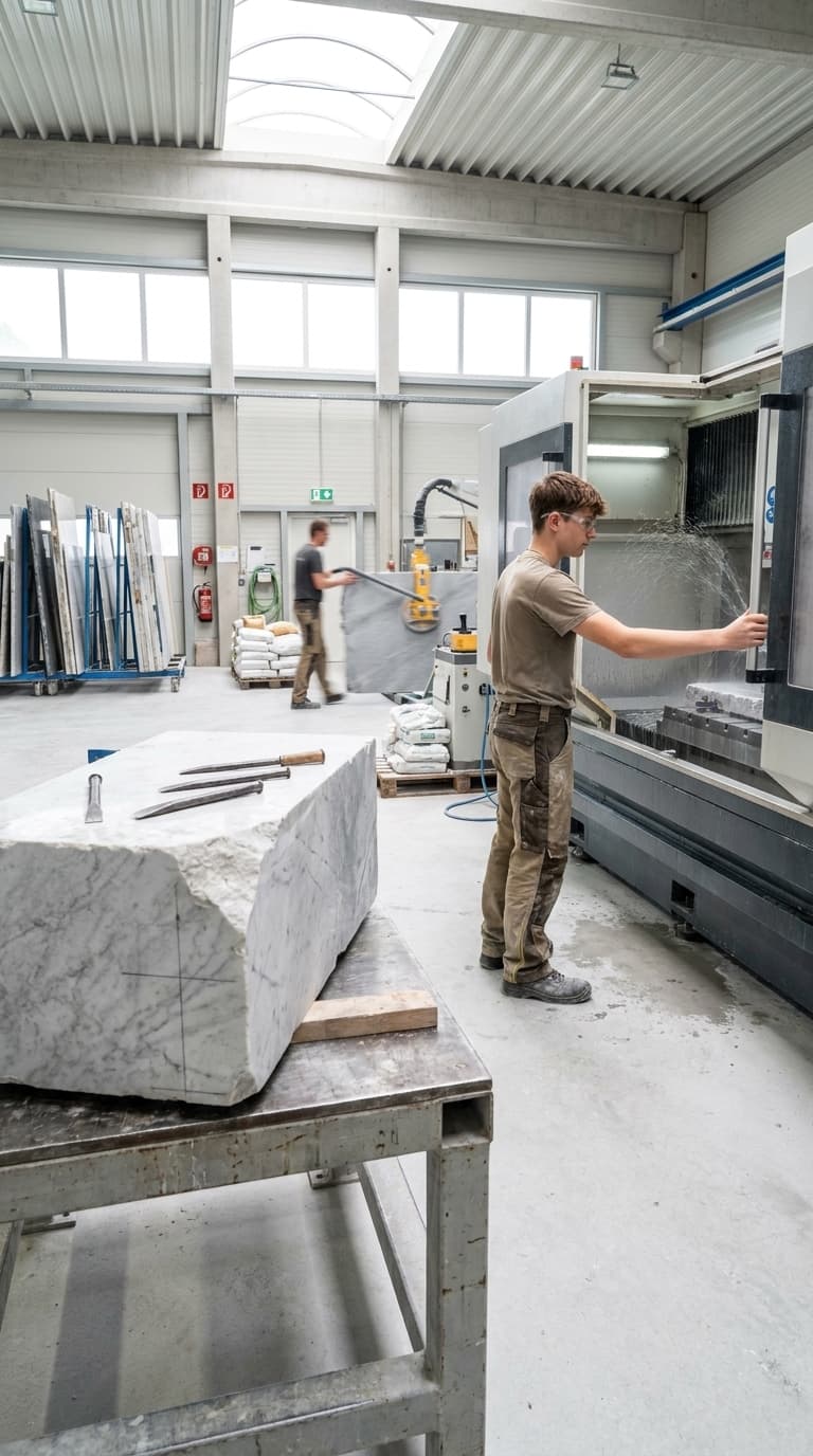 Ein Lehrling bedient eine CNC-Maschine in einer Steinmetzwerkstatt, im Vordergrund liegt ein großer Marmorblock.