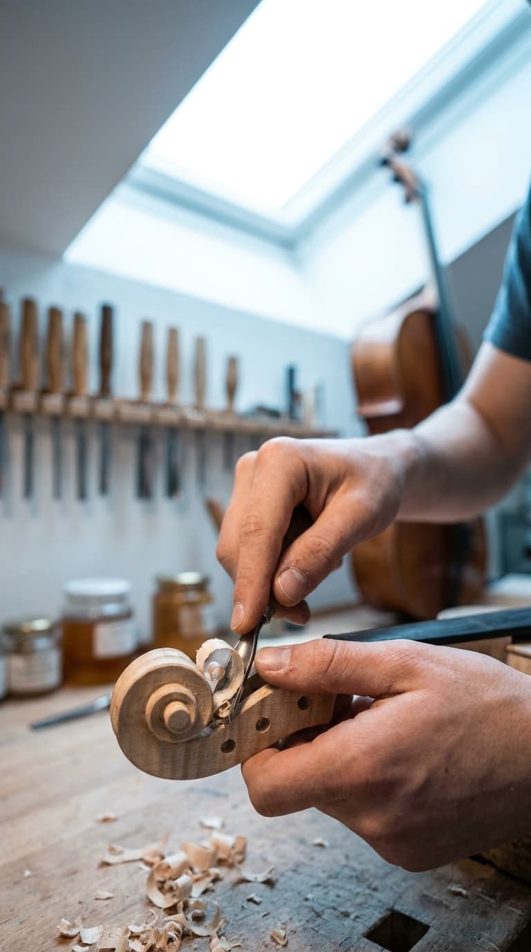 Ein Geigenbauer schnitzt mit einem Hohlmeißel die Schnecke einer Violine an einer Werkbank.