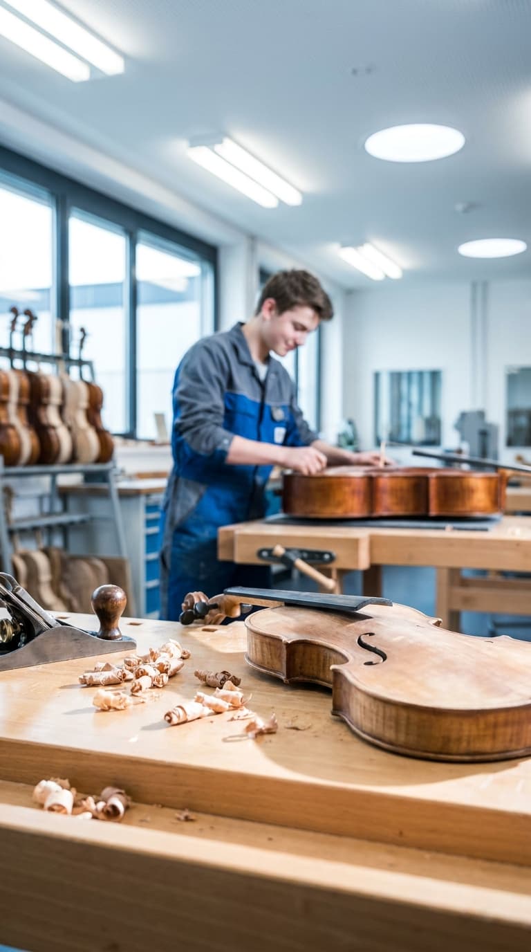 Ein Geigenbauer arbeitet in einer hellen Werkstatt an einem Cello, im Vordergrund liegt eine Geige auf der Werkbank.
