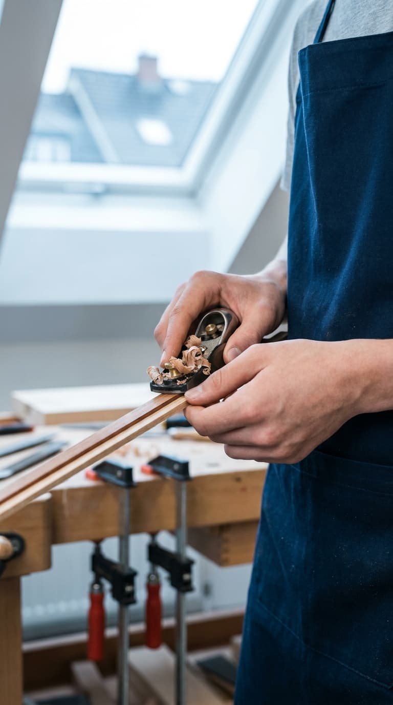 Ein Tischler hobelt eine feine Holzleiste mit einem Handhobel an einer Hobelbank.