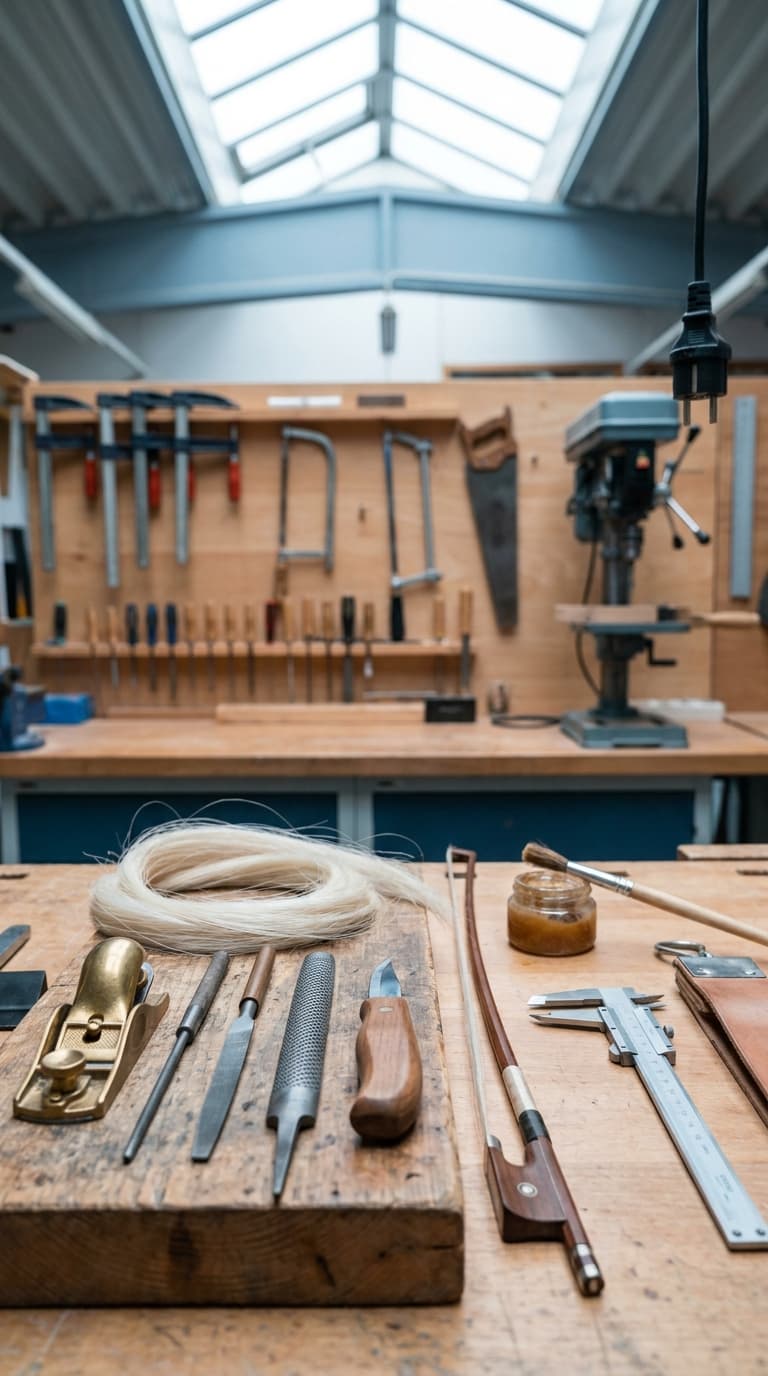 Werkzeuge eines Bogenmachers wie Hobel, Feilen, Messschieber und Pferdehaar liegen auf einer hölzernen Werkbank.