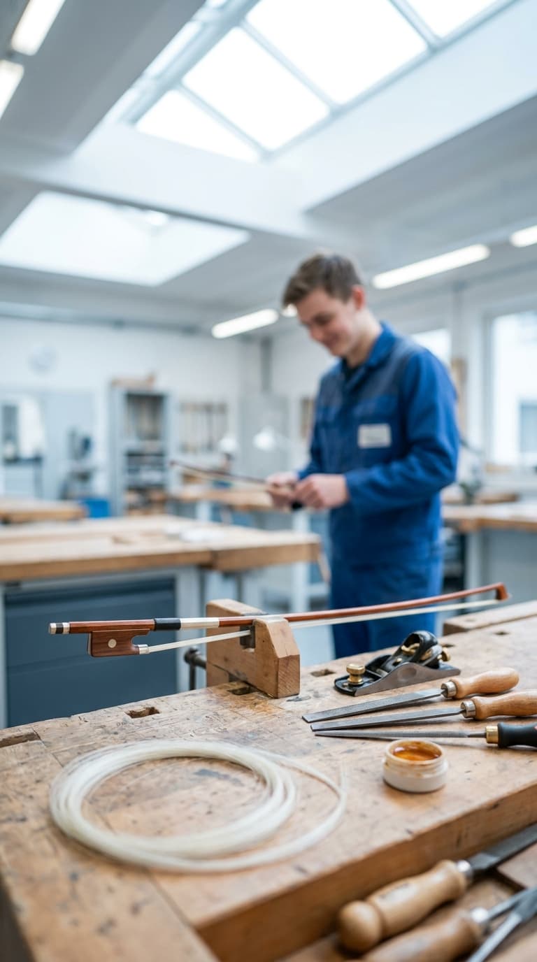 Bogenbauer prüft Streichbogen in Werkstatt; auf einer Werkbank im Vordergrund liegen Werkzeuge und ein Bogen.