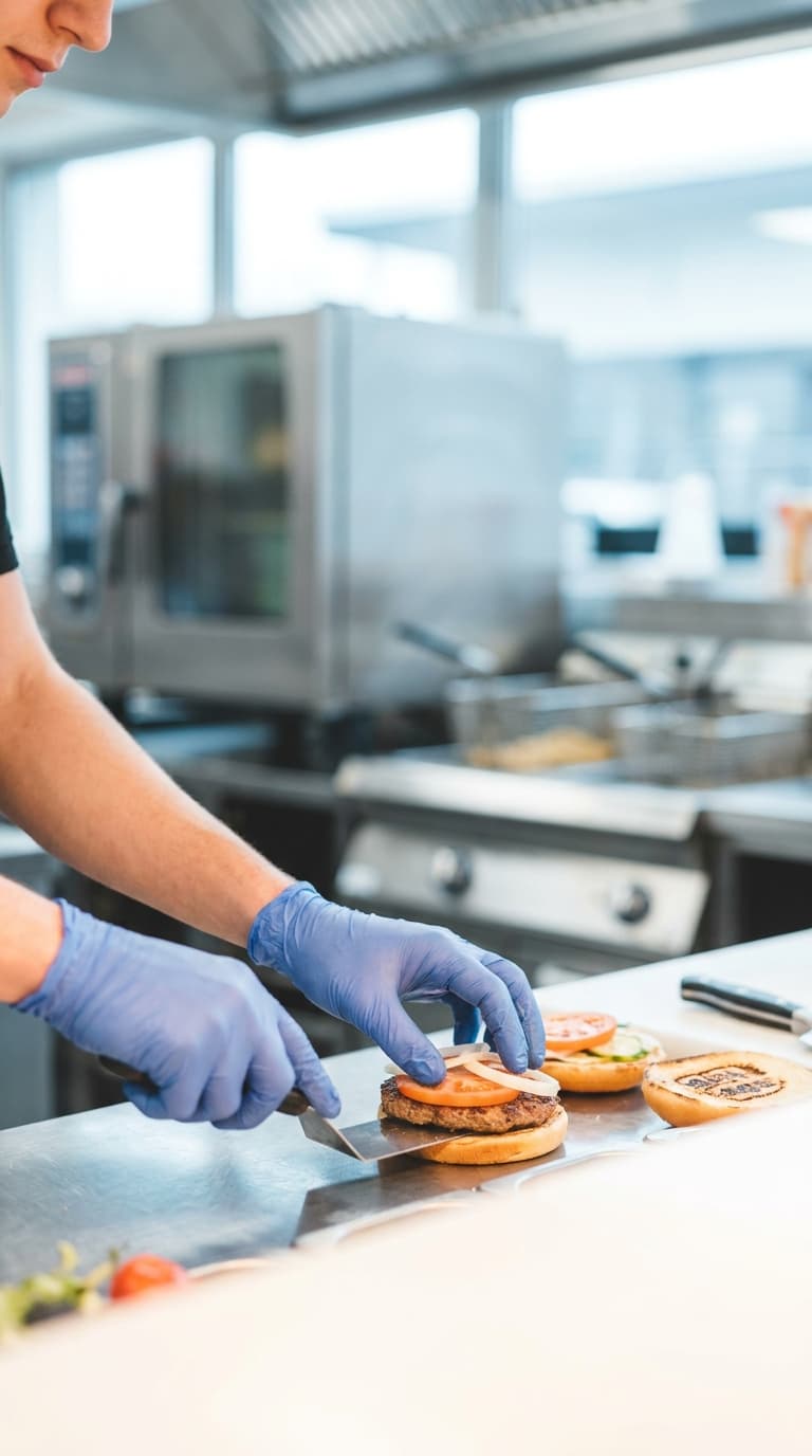 Eine Küchenkraft in blauen Handschuhen belegt in einer Großküche ein Burgerbrötchen mit Fleisch und Gemüse.