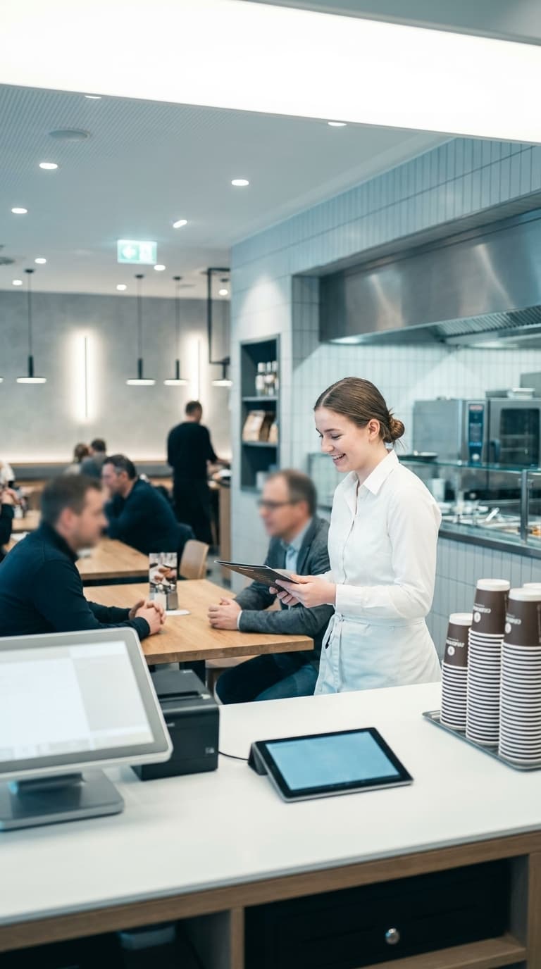 Eine lächelnde Kellnerin im weißen Hemd nimmt die Bestellung von Gästen im Restaurant auf.