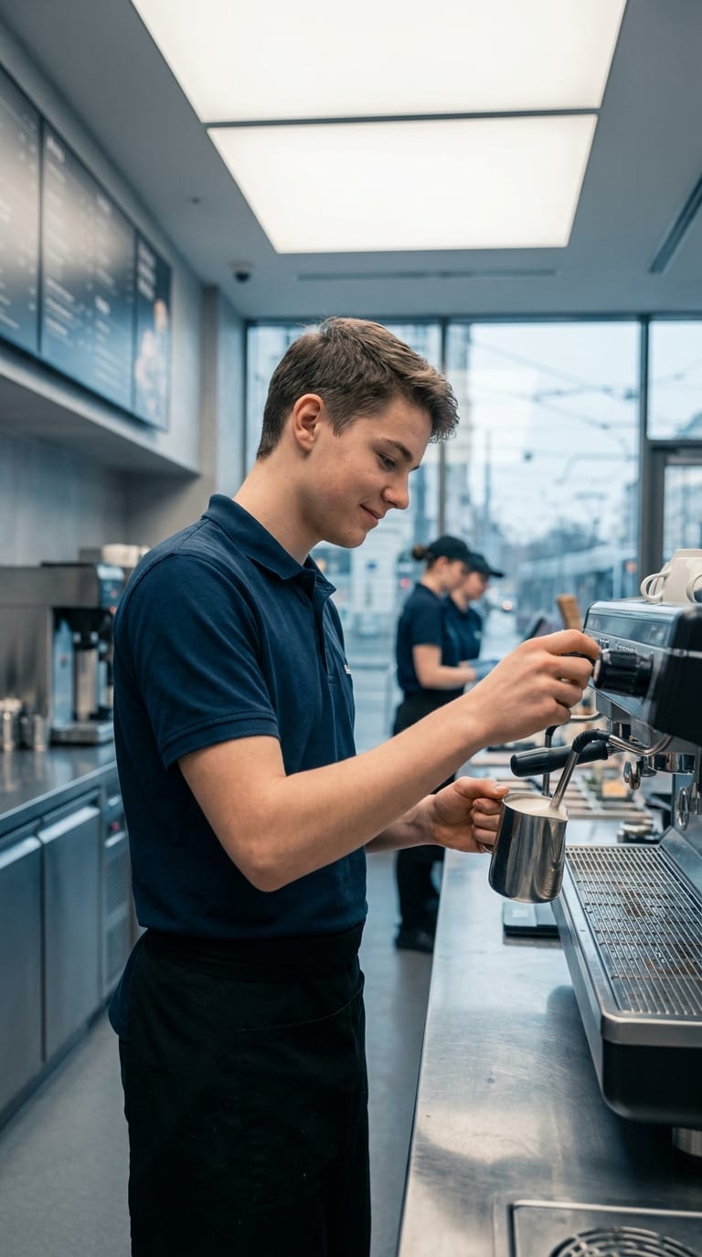 Ein junger Barista schäumt an einer Espressomaschine Milch in einem Kännchen auf.