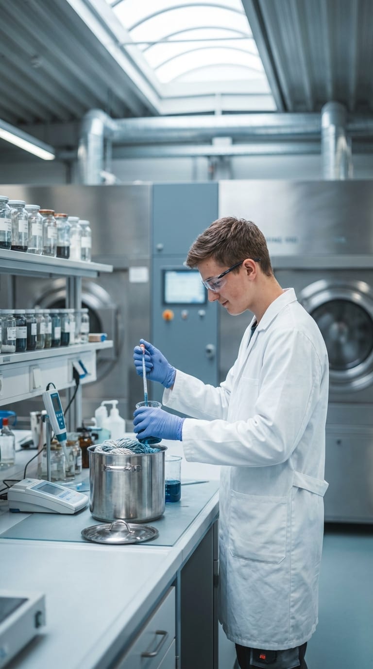 Ein Textillaborant im weißen Kittel träufelt mit einer Pipette blaue Flüssigkeit in einen Topf mit Garn.