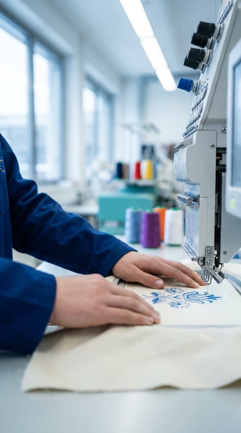 Hände einer Person führen Stoff mit einem blauen Blumenmuster unter der Nadel einer Stickmaschine.