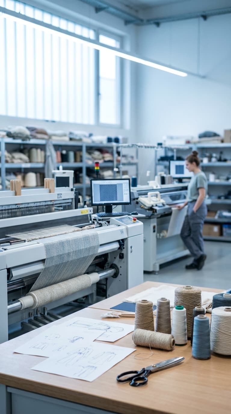 Textilgestalterin an einer Strickmaschine in einer Werkstatt mit Garnspulen und Entwürfen auf einem Arbeitstisch.