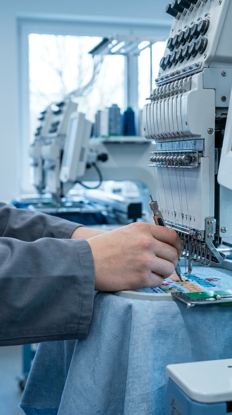 Eine Person arbeitet mit einem Werkzeug an einer industriellen Stickmaschine.