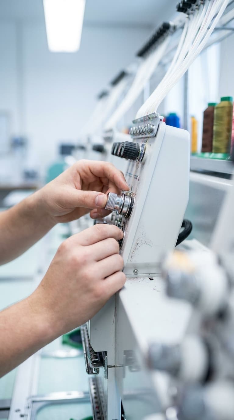 Zwei Hände bedienen die Drehknöpfe an einer industriellen Stickmaschine.