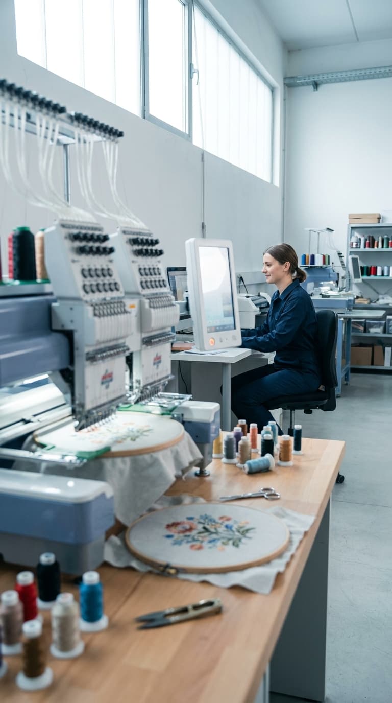 Eine Textilgestalterin bedient eine computergesteuerte Stickmaschine; auf dem Tisch liegen Garnrollen und Stickrahmen.