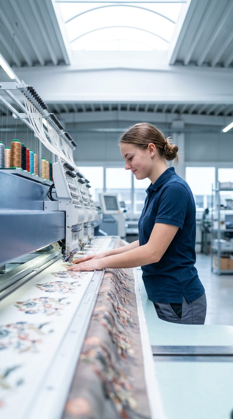 Eine Textilgestalterin bedient eine industrielle Stickmaschine in einer hellen Werkshalle.