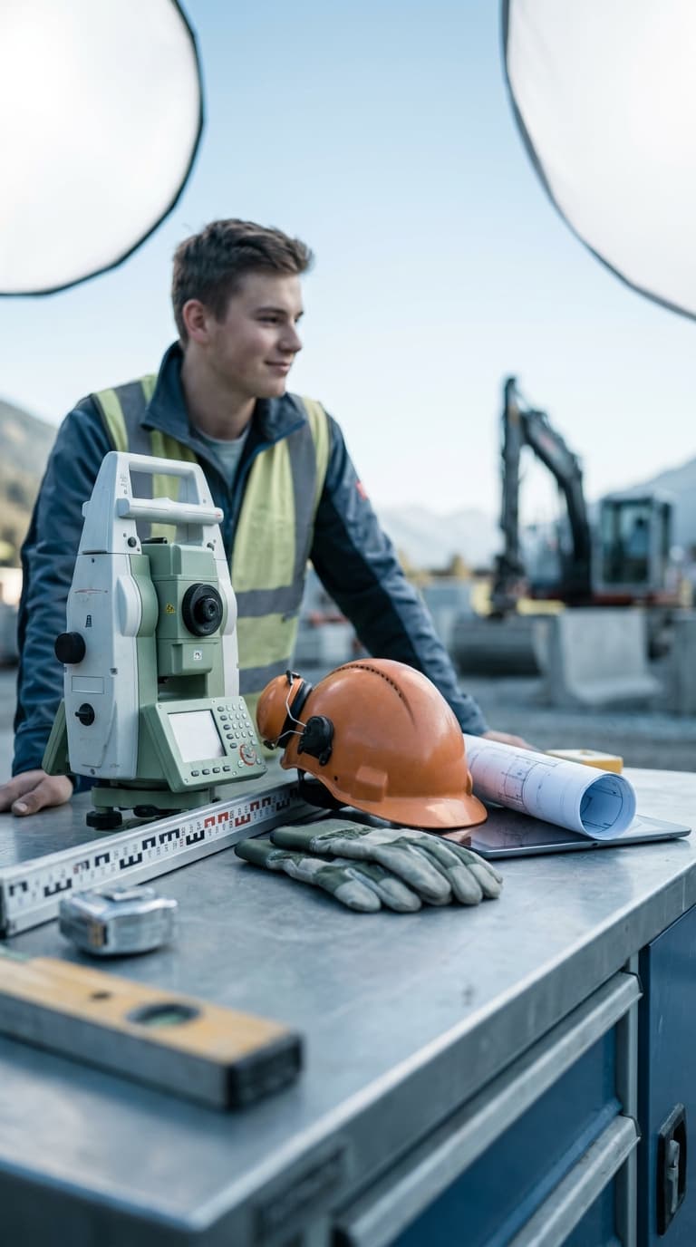 Ein junger Vermessungstechniker steht auf einer Baustelle hinter einem Tisch mit Tachymeter, Helm und Bauplan.