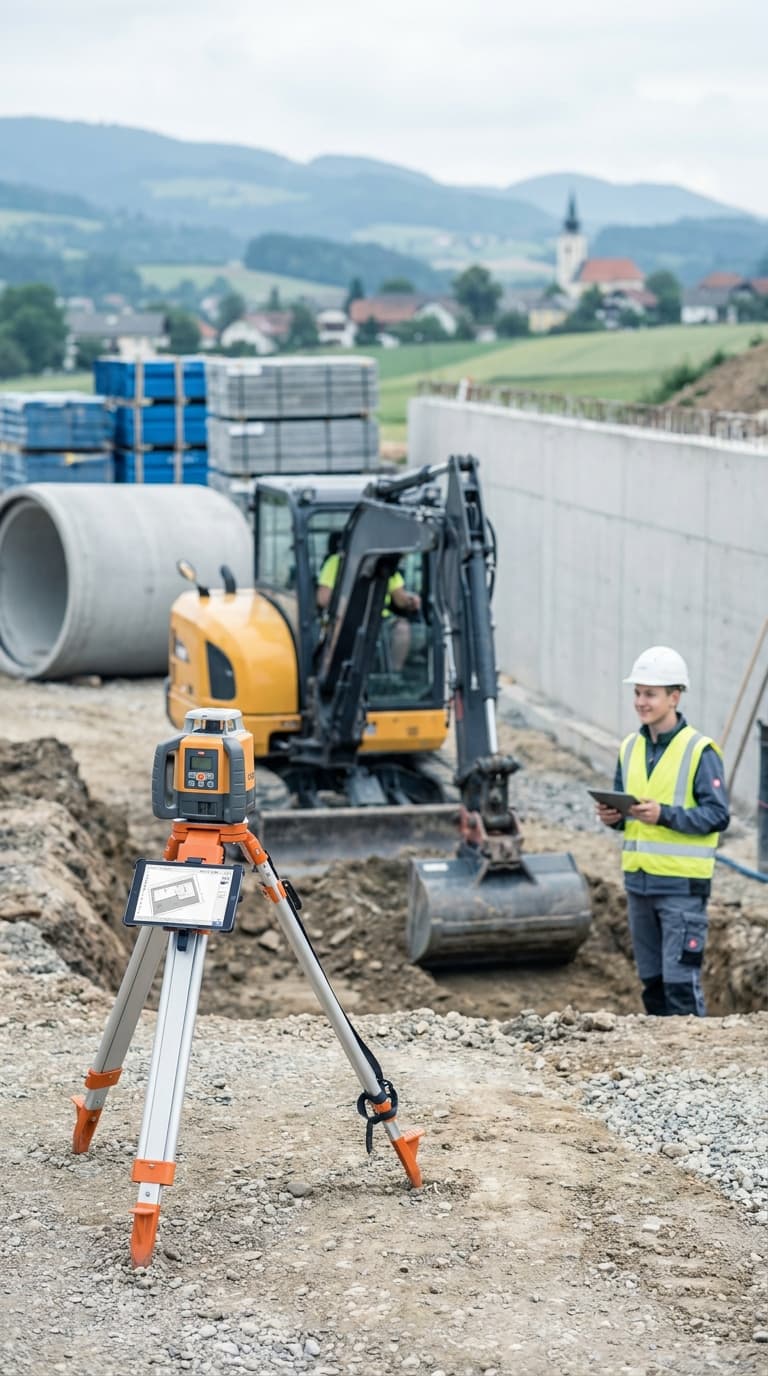 Rotationslaser auf Stativ im Vordergrund einer Baustelle mit einem Bagger und einem Bauarbeiter, der ein Tablet hält.