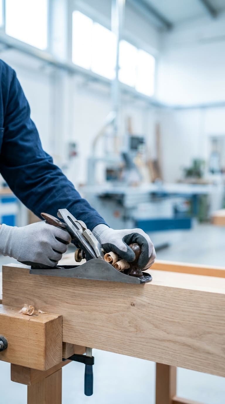 Ein Tischler hobelt mit einem Handhobel einen Holzbalken an einer Hobelbank in einer Werkstatt.