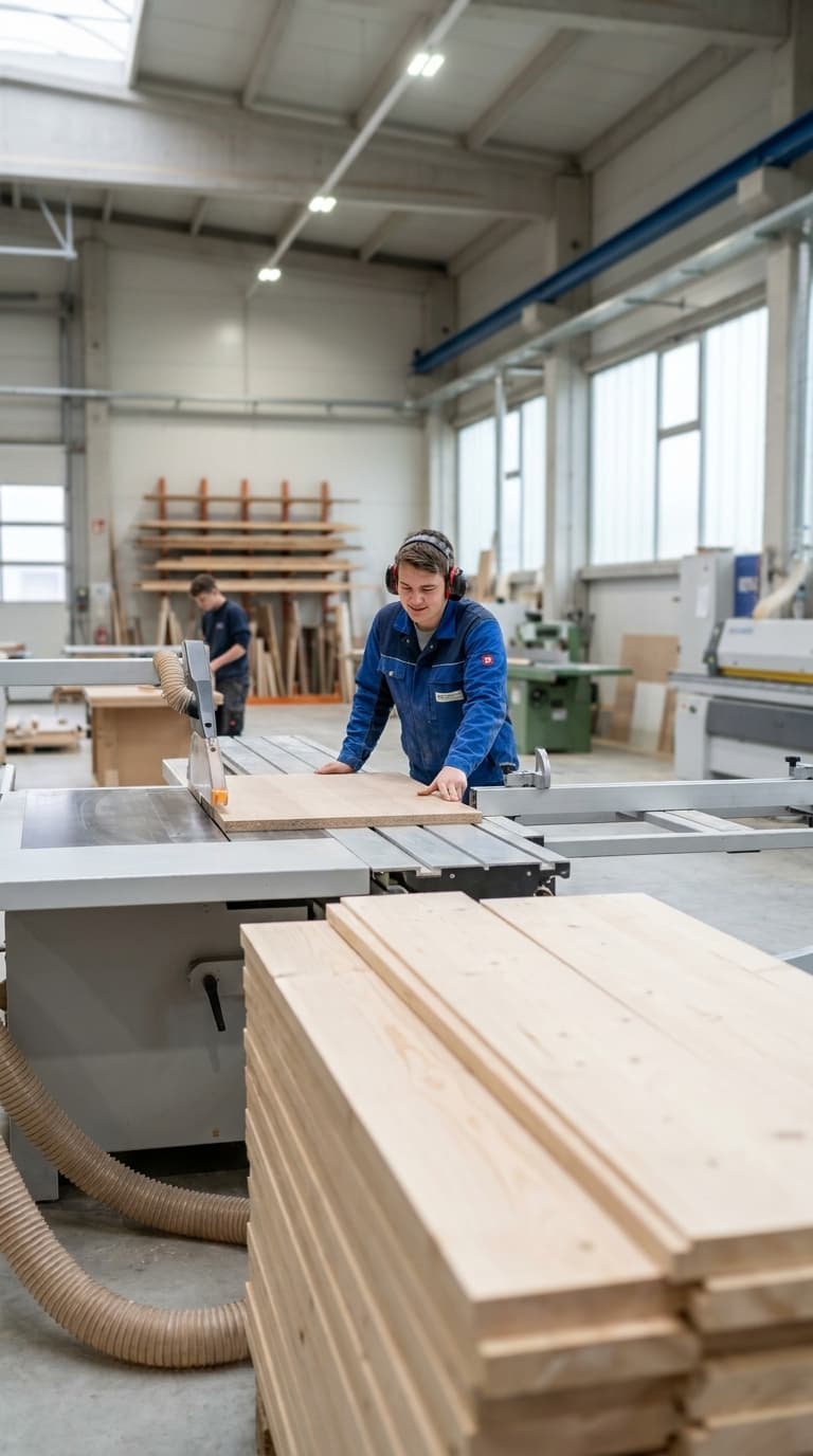 Ein Tischlerlehrling schneidet eine Holzplatte an einer Formatkreissäge in einer Werkstatt.