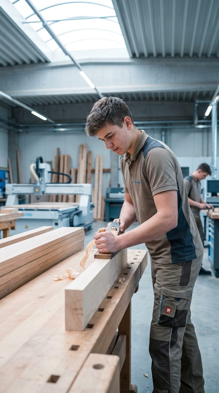 Ein junger Tischler hobelt einen Holzbalken an einer Hobelbank in einer Werkstatt.