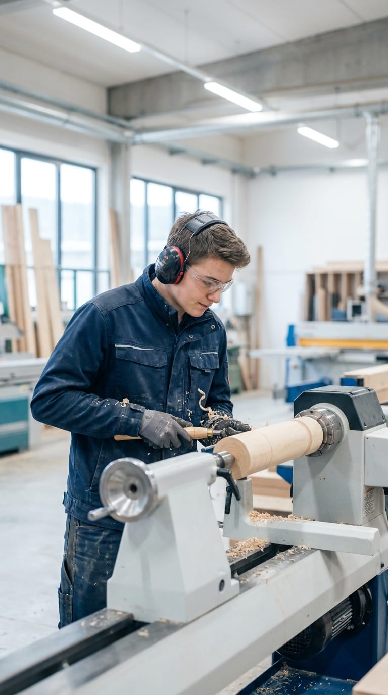 Ein Tischlerlehrling mit Gehörschutz drechselt Holz an einer Drechselbank in einer Werkstatt.