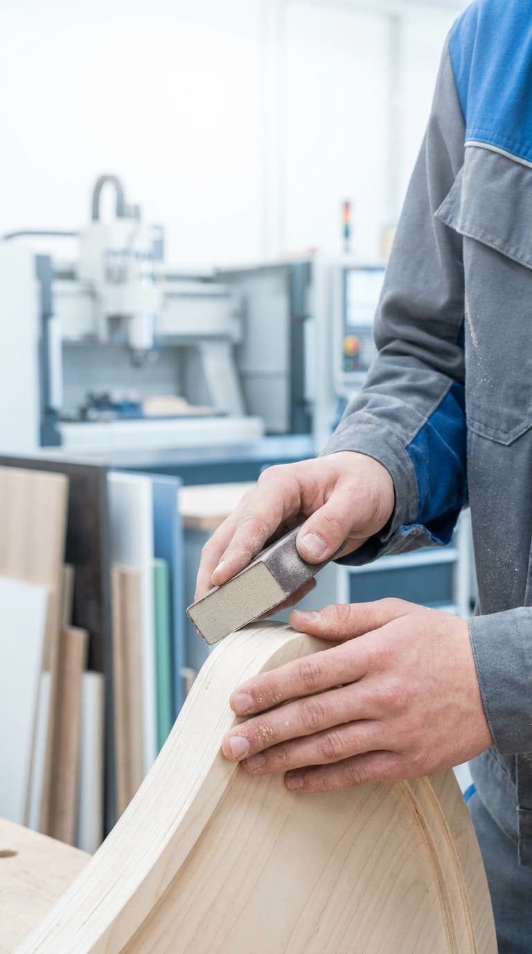 Ein Tischler schleift die Kante eines gebogenen Holzteils mit einem Schleifklotz in einer Werkstatt.