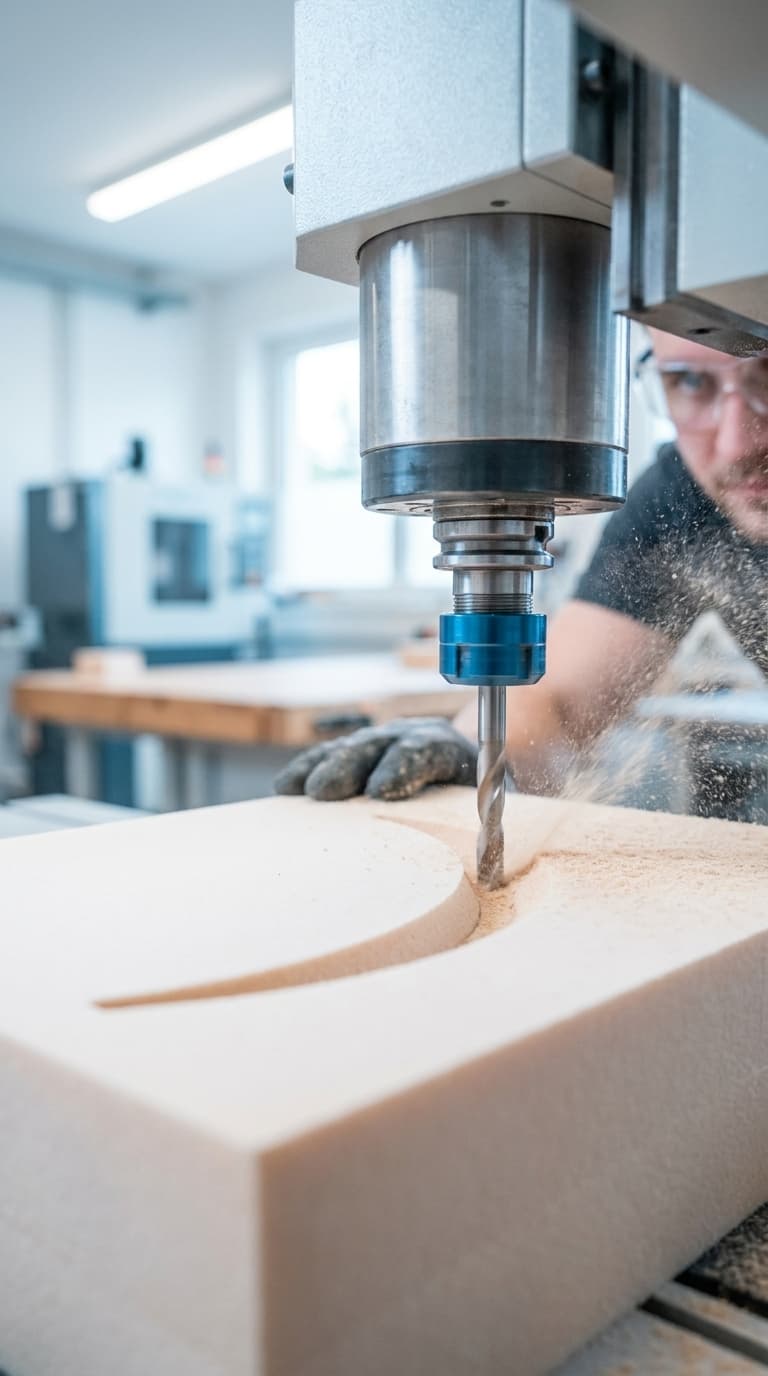 Eine CNC-Fräse schneidet eine geschwungene Form in einen Block, ein Handwerker mit Schutzbrille überwacht die Arbeit.