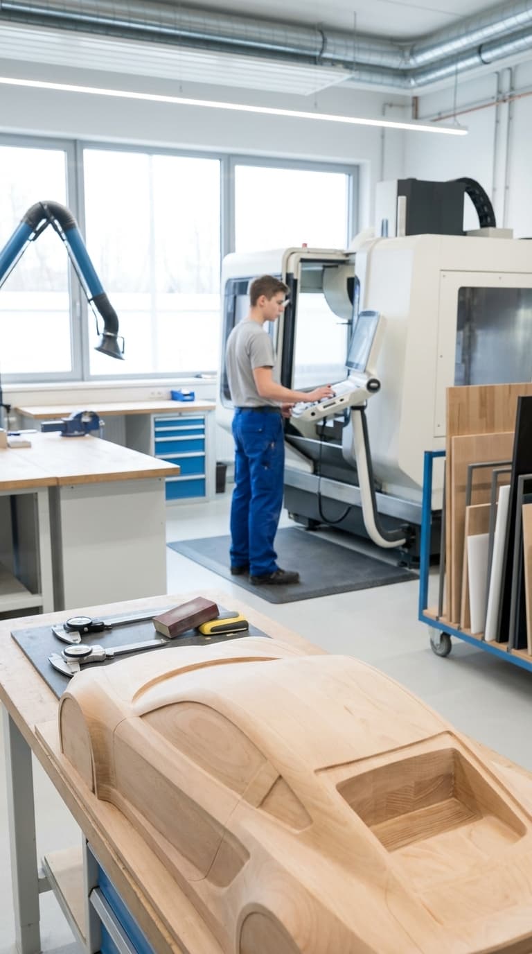 Lehrling bedient eine CNC-Maschine, im Vordergrund liegt das Holzmodell eines Autos auf einer Werkbank.
