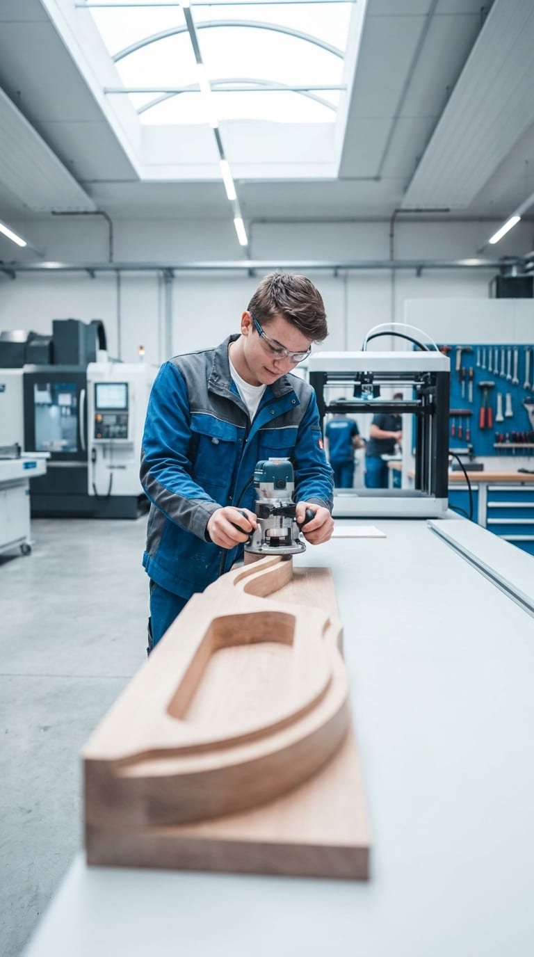 Ein Lehrling fräst mit einer Oberfräse ein Holzwerkstück in einer hellen Werkstatt.