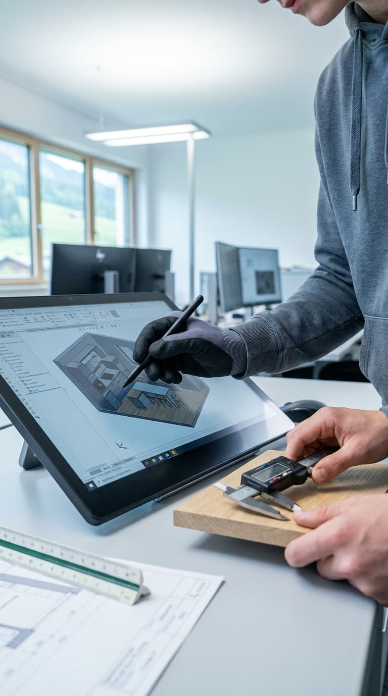 Ein Tischler plant ein Möbelstück am Bildschirm und misst ein Holzbrett mit einem digitalen Messschieber.