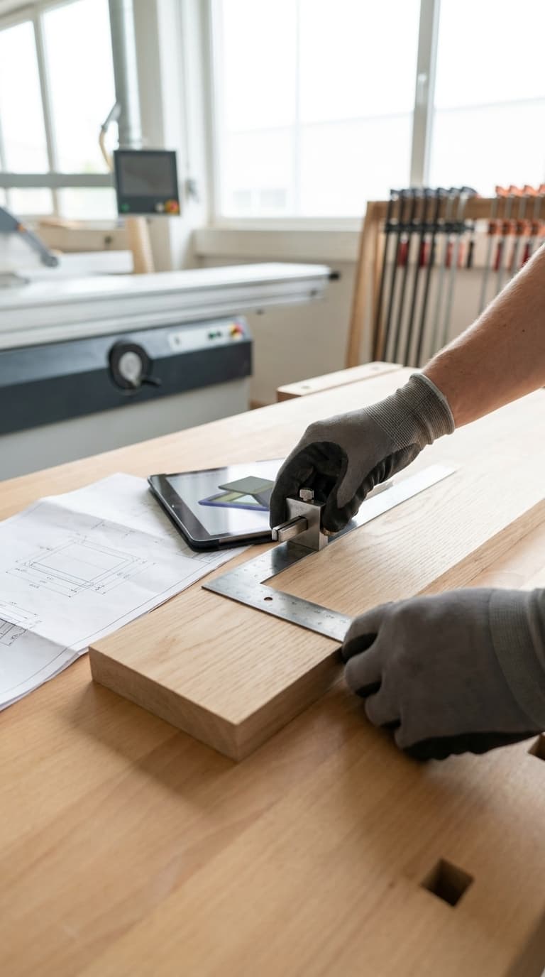 Ein Tischler in Arbeitshandschuhen misst mit einem Anschlagwinkel ein Holzbrett auf einer Werkbank aus.
