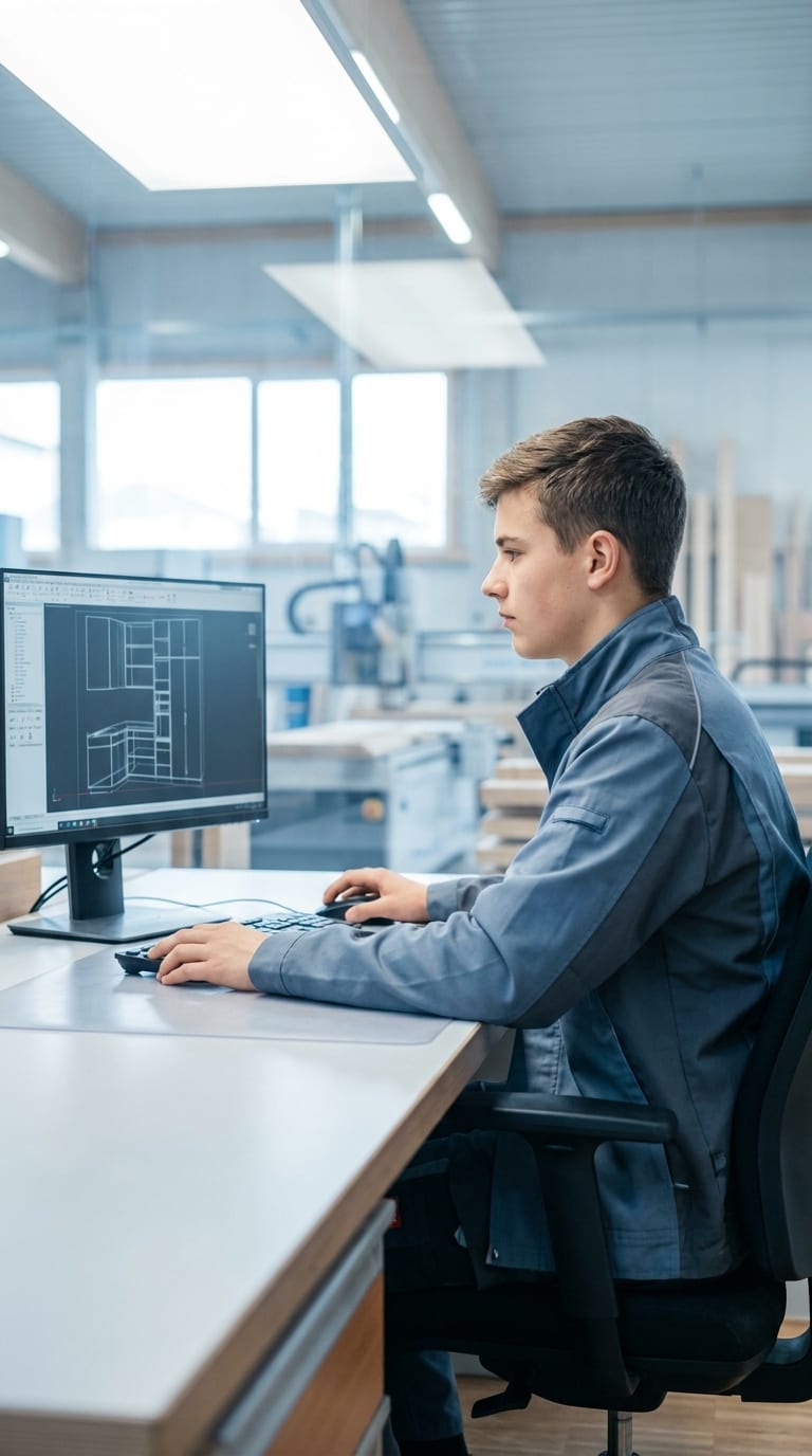 Ein Tischler plant Möbel mit einer CAD-Software am Computer in einer Werkstatt.