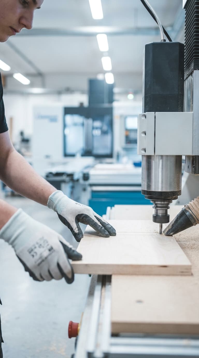 Ein Tischler führt eine Holzplatte an einer CNC-Fräse in einer Werkstatt.