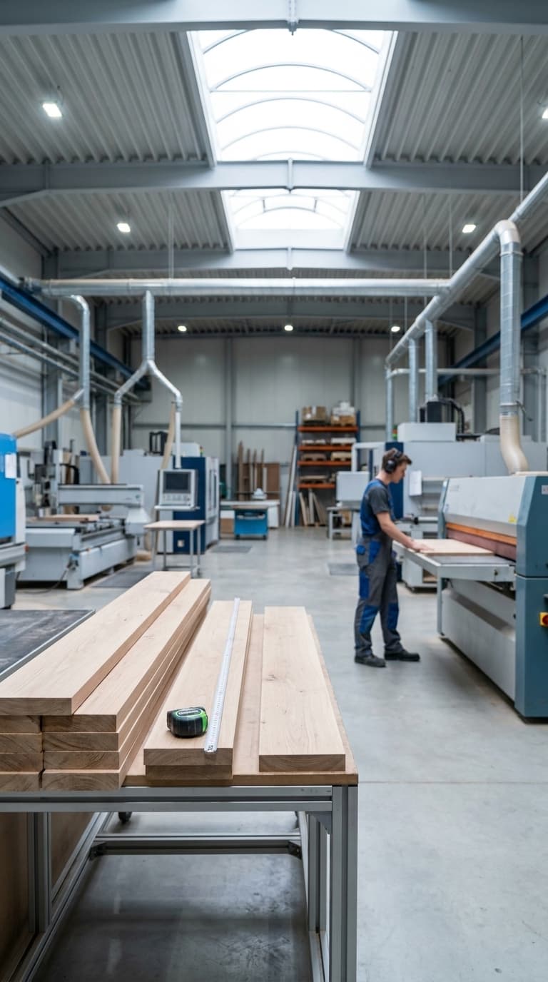 Ein Tischler bedient eine Maschine in einer Werkstatt; im Vordergrund liegen Holzbretter und ein Maßband.