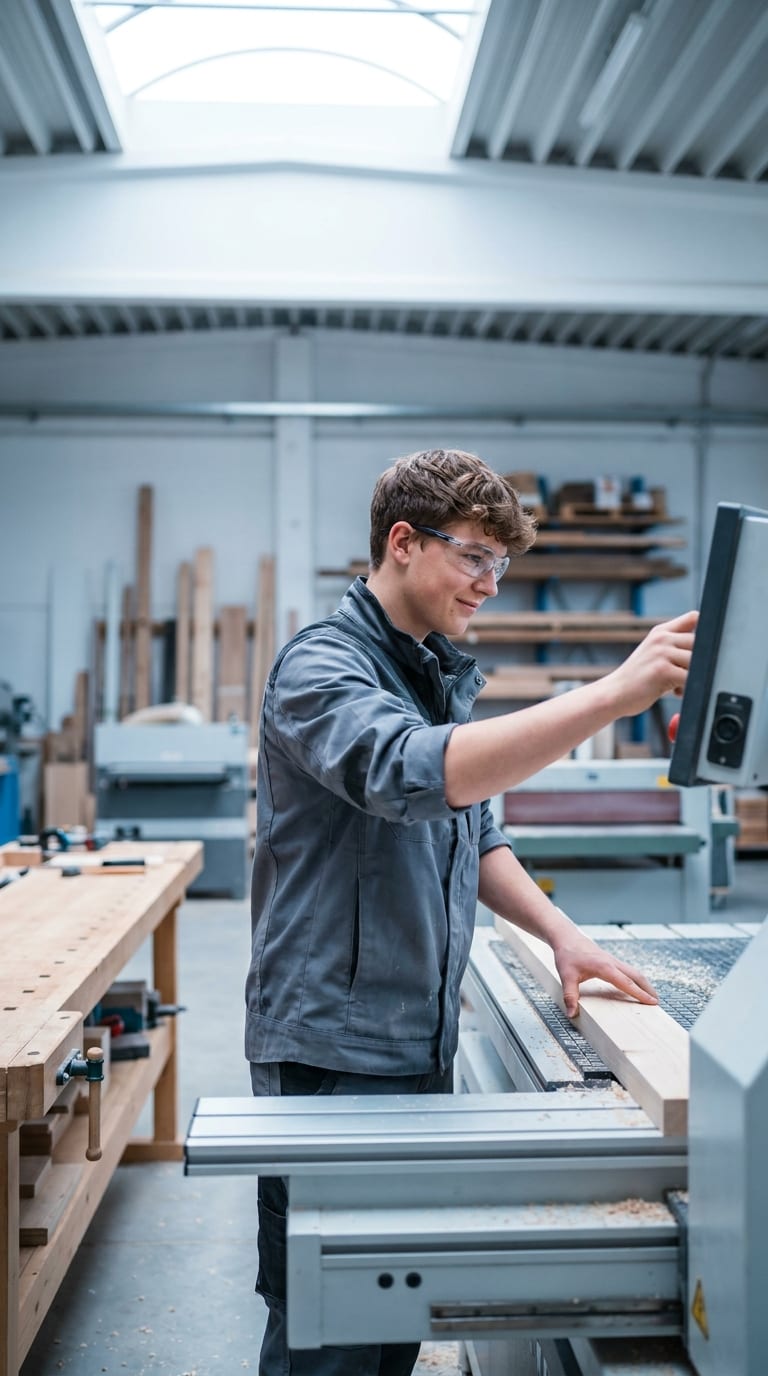 Ein Tischler-Lehrling mit Schutzbrille bedient das Touchpanel einer Formatkreissäge in einer Holzwerkstatt.