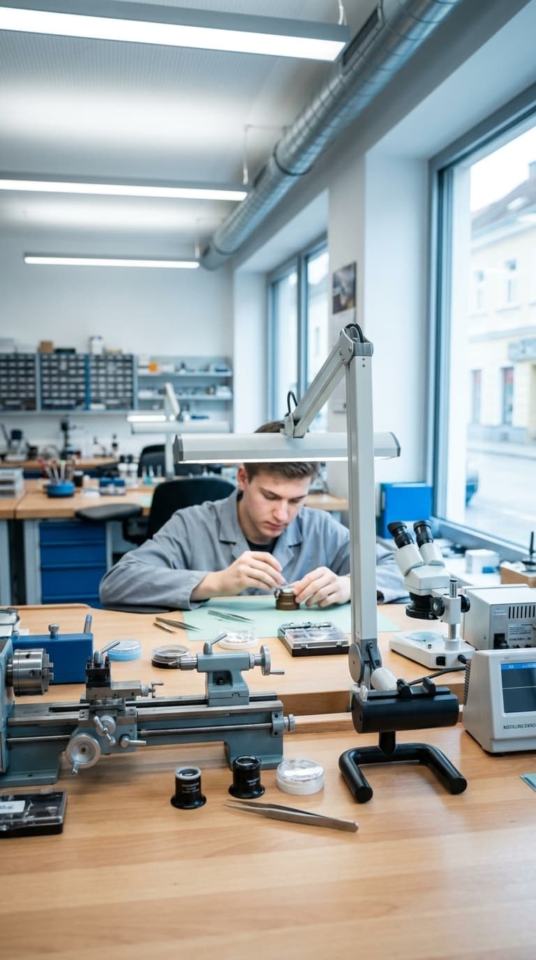 Ein Uhrmacher arbeitet mit einer Pinzette an einem winzigen Bauteil an einem Werktisch mit Mikroskop und Drehmaschine.