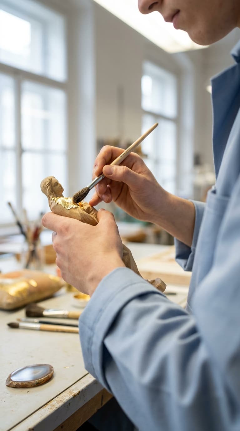 Ein Vergolder trägt in einer Werkstatt mit einem Pinsel Blattgold auf eine Holzfigur auf.