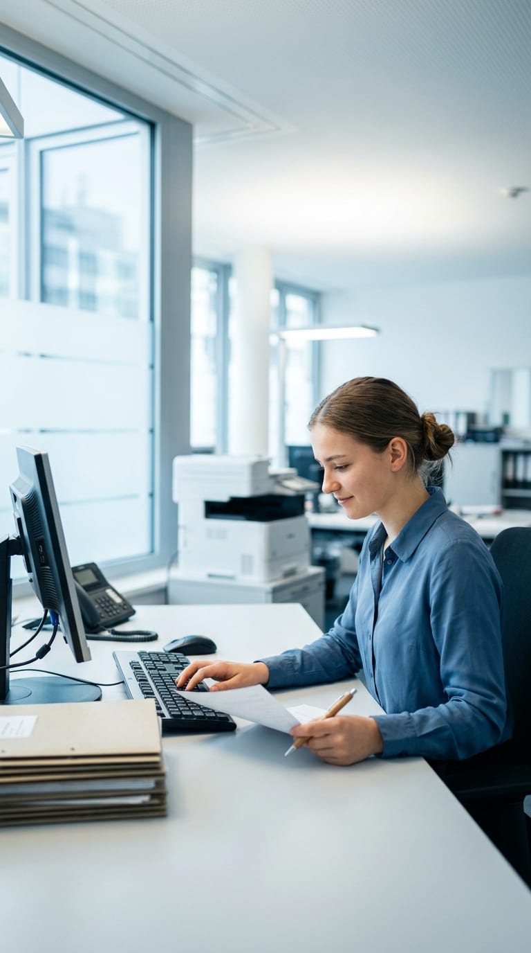 Eine Büroangestellte sitzt am Schreibtisch, tippt auf der Tastatur und hält ein Dokument in einem hellen Büro.