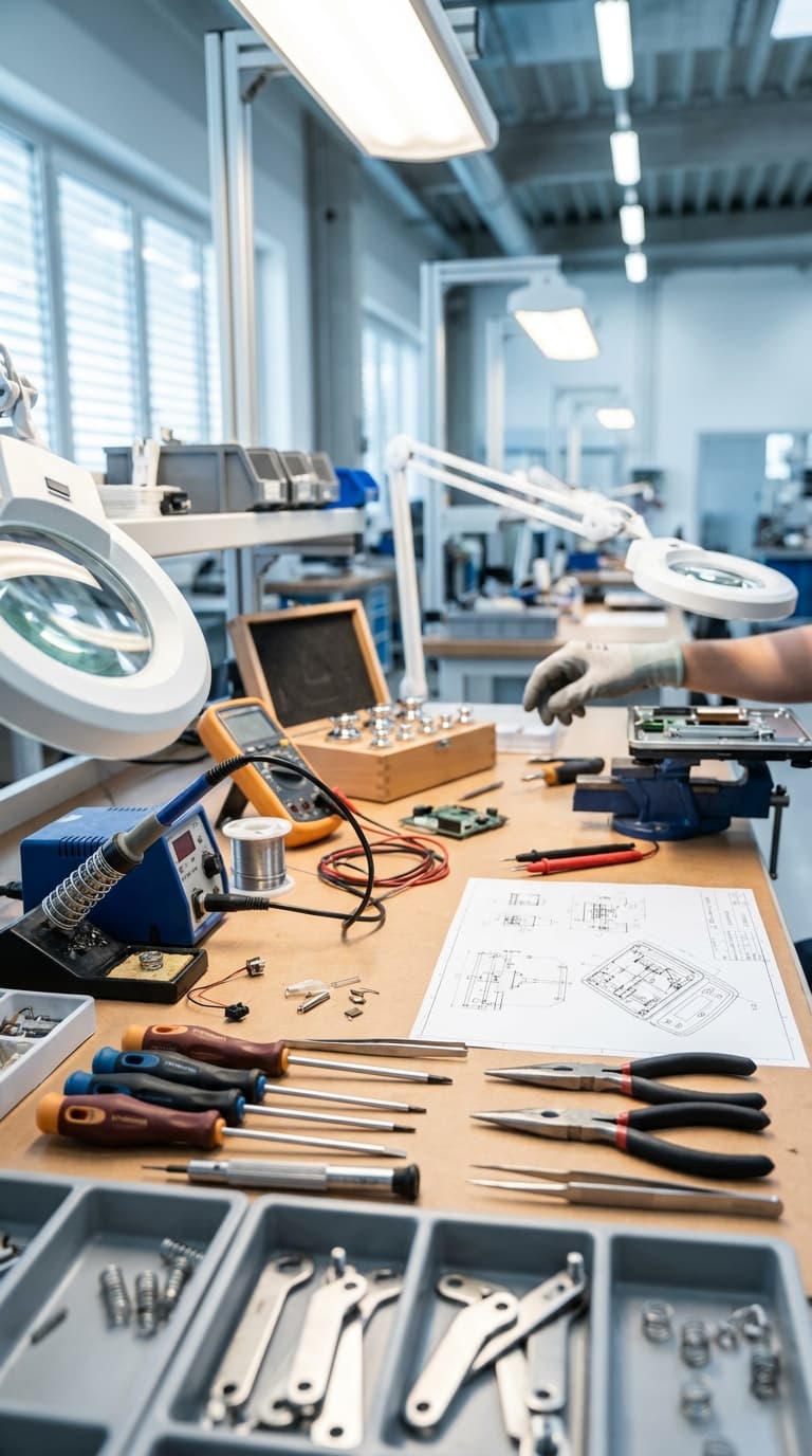 Eine Fachkraft arbeitet an einer Platine auf einem Elektronikarbeitsplatz mit Lötstation, Werkzeugen und Schaltplan.