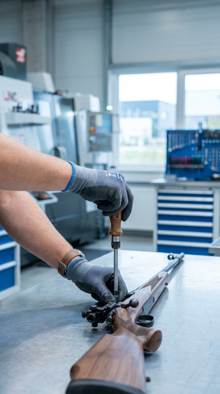 Ein*e Büchsenmacher*in montiert mit einem Schraubendreher ein Gewehr auf einer Werkbank.