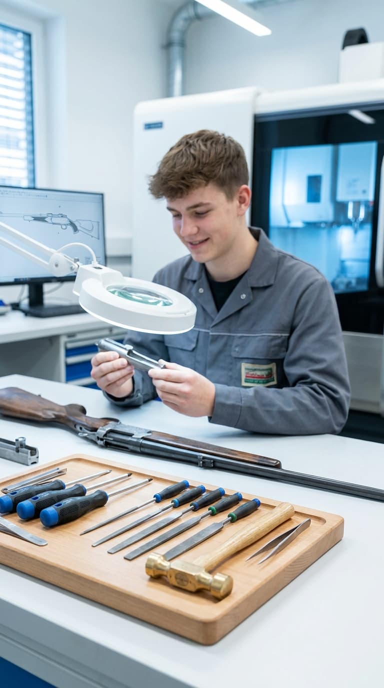 Ein angehender Büchsenmacher untersucht ein Metallteil unter einer Lupe an einem Tisch mit Werkzeugen und Gewehr.