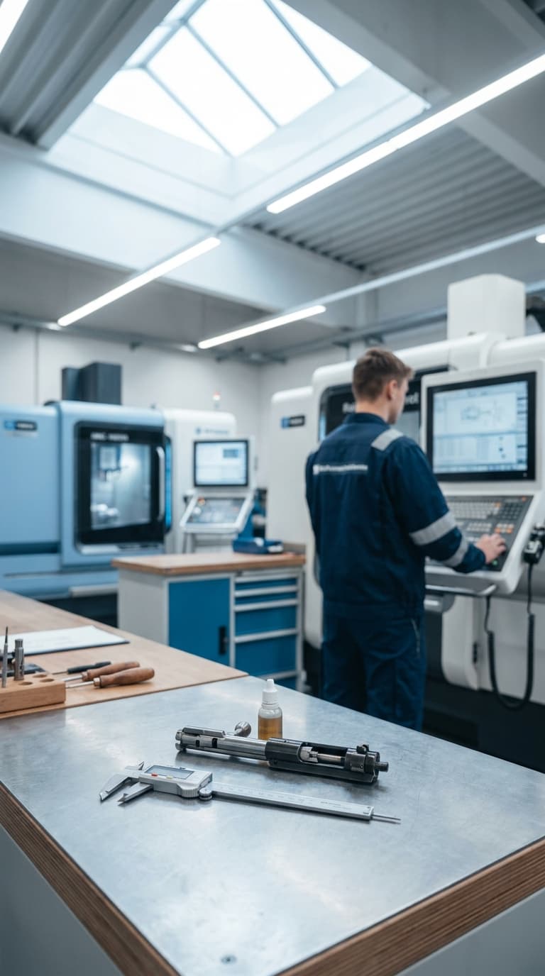 Ein Zerspanungsmechaniker bedient eine CNC-Maschine; im Vordergrund liegen Messschieber und Werkstück auf der Werkbank.