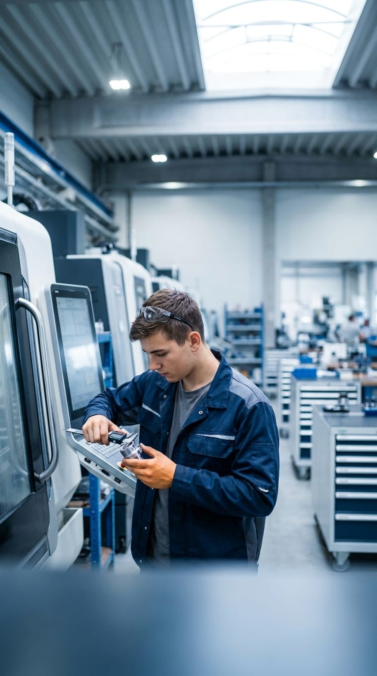 Ein junger Mann misst ein Werkstück mit einem Messschieber an einer CNC-Maschine in einer Fabrikhalle.