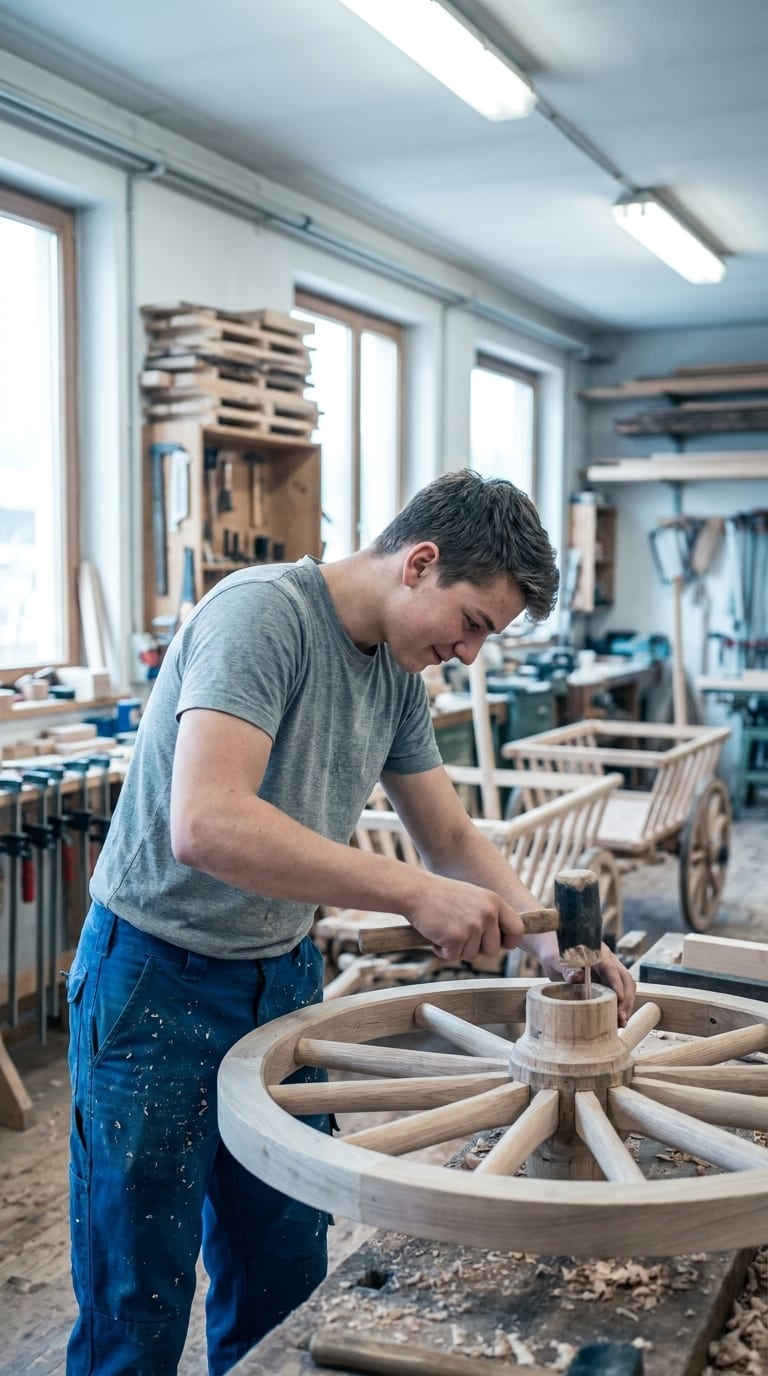 Ein Lehrling bearbeitet mit einem Holzhammer ein hölzernes Wagenrad in einer Werkstatt.